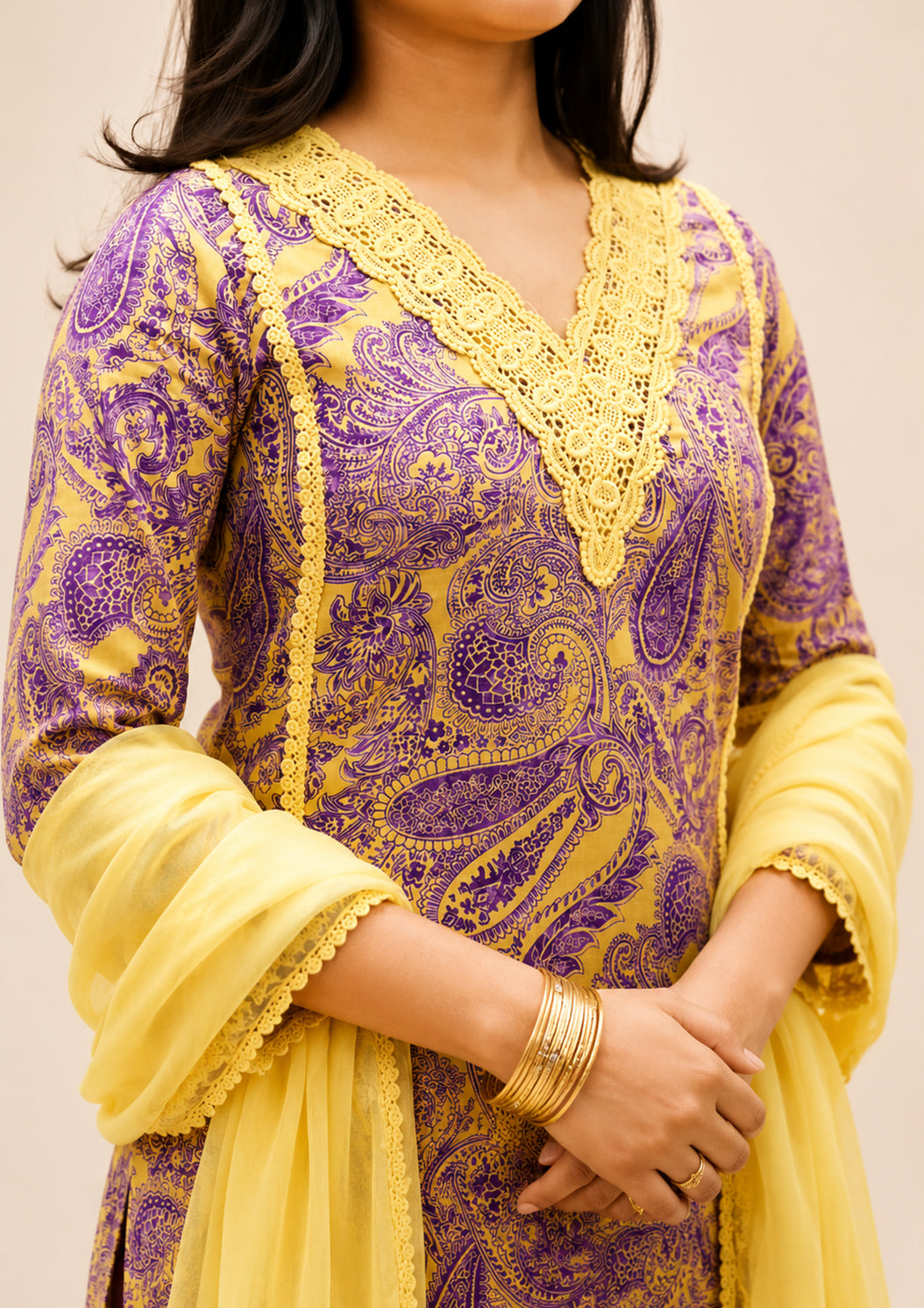 YELLOW COTTON PRINTED KURTA SUIT SET