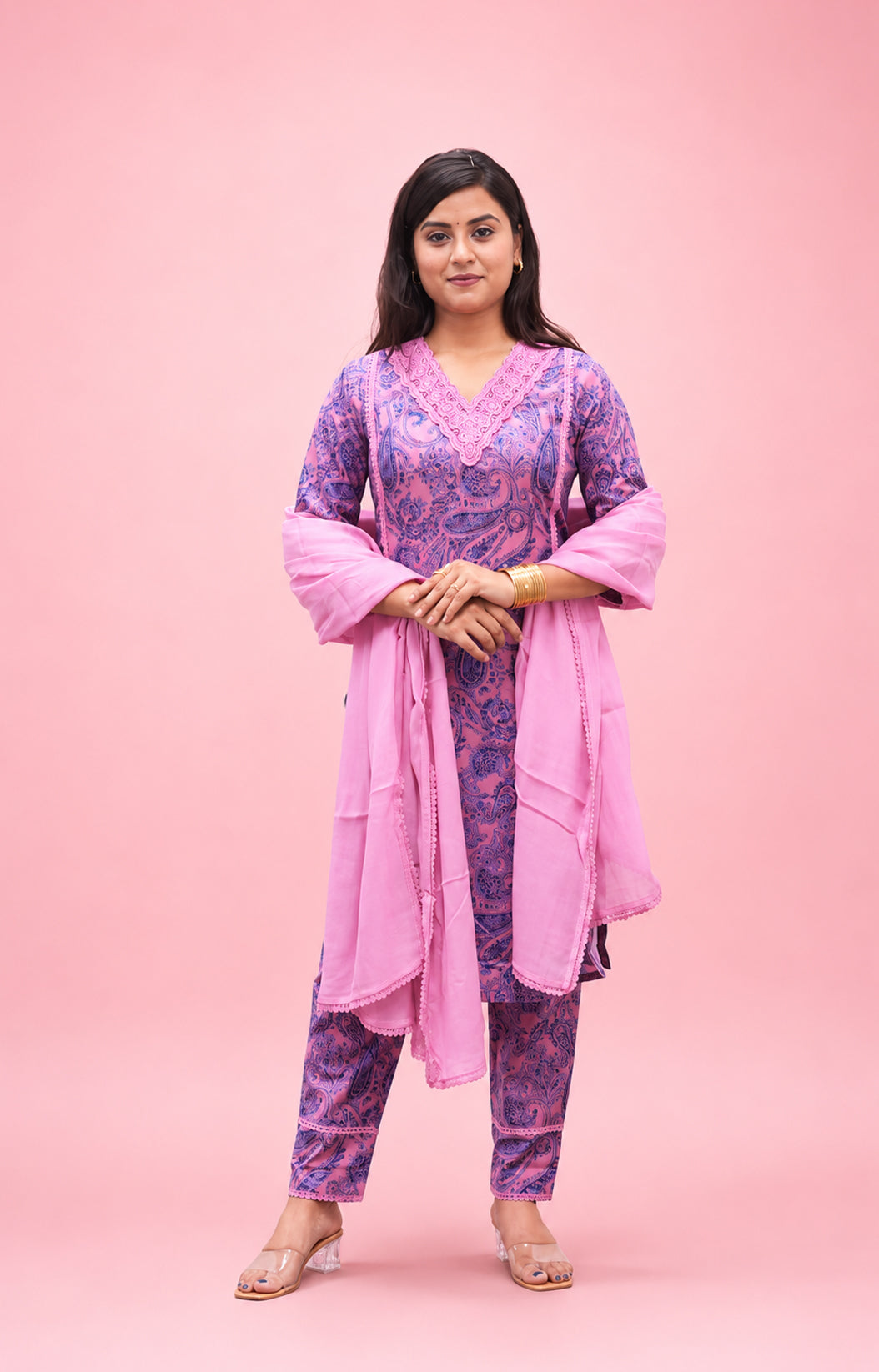 PINK  COTTON PRINTED KURTA SUIT SET