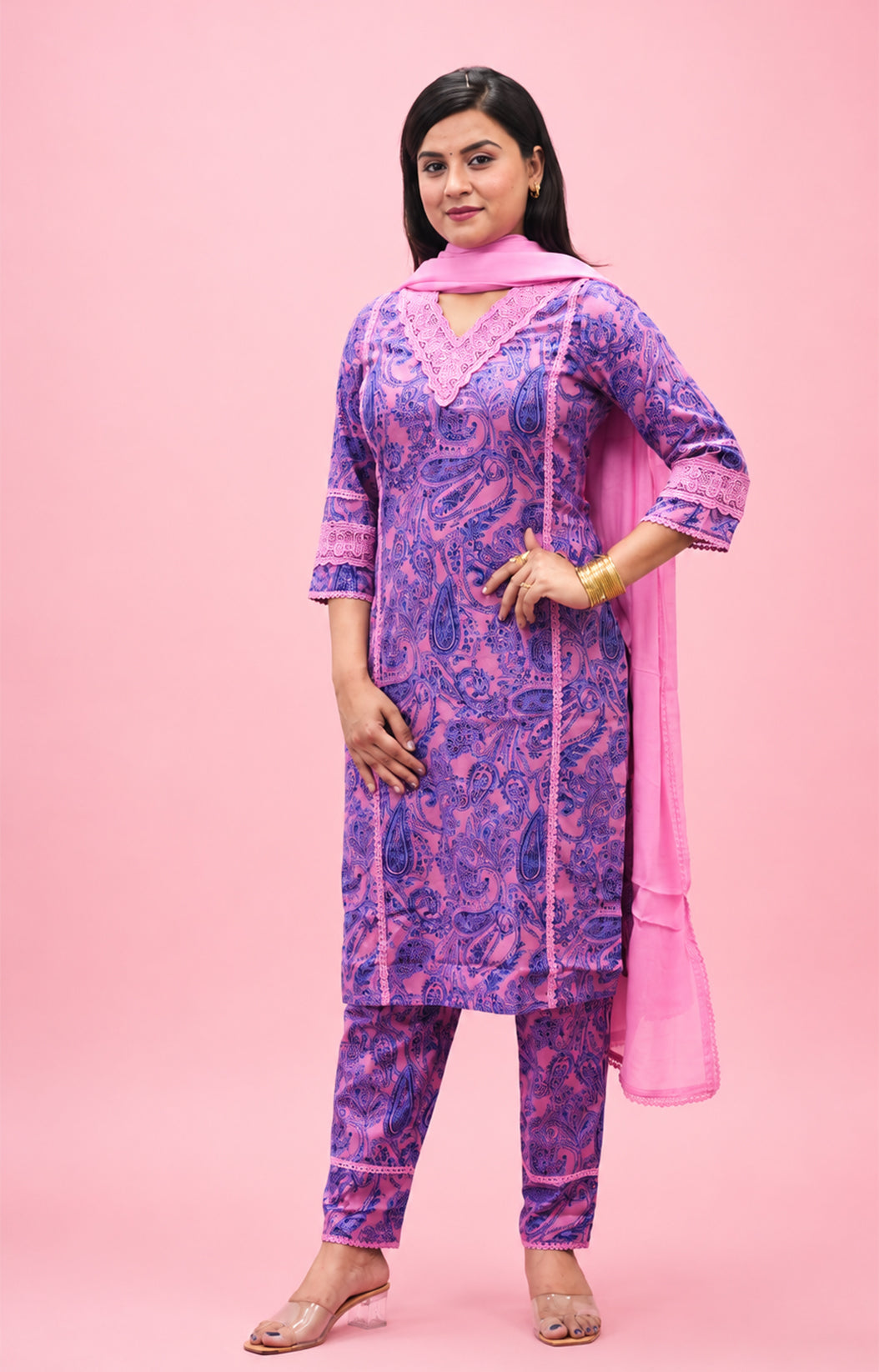 PINK  COTTON PRINTED KURTA SUIT SET