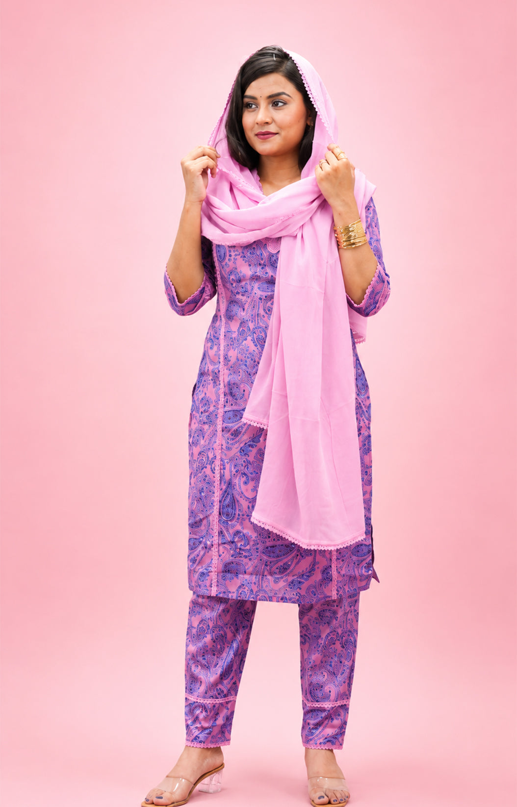 PINK  COTTON PRINTED KURTA SUIT SET
