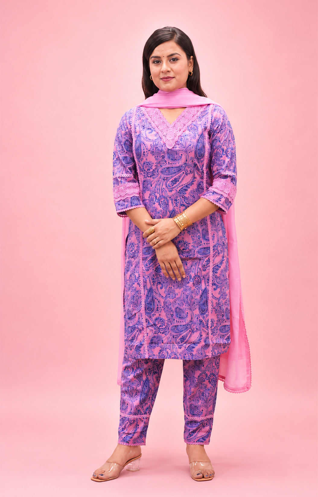 PINK  COTTON PRINTED KURTA SUIT SET
