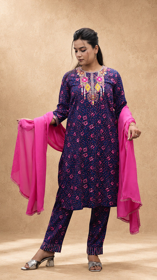 BLUE VISCOSE EMBEROIDERY HAND WORK KURTA SUIT SET